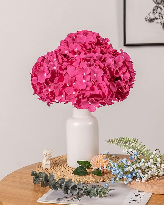 DuHouse 8.7" Silk Hydrangea Flower Heads with Stems Fake Hydrangeas Flowers for DIY Wedding Centerpiece Home Decor,Pack of 6(Fuchsia)
