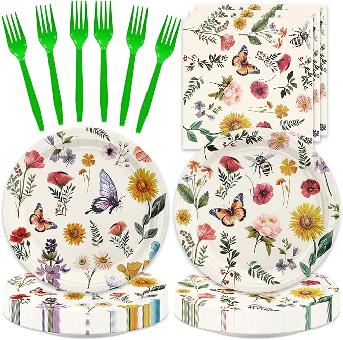 48Pcs Wildflower Birthday Party Supplies Include Plates Napkins Forks for 16 Guests Floral Paper Plates Vintage Flower Tea Party Decorations