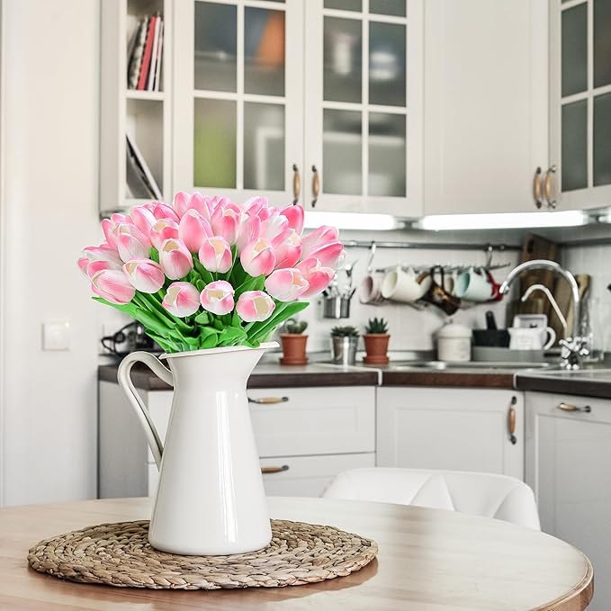 20pcs Pink Tulips Artificial Flowers Fake Silk Tulips Real Touch Flowers for Spring Kitchen Wedding Home Decor Arrangements Easter Decor 14 Inch