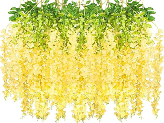 12 Pack Artificial Flowers Silk Wisteria Vine Ratta Hanging Flower (Champagne)