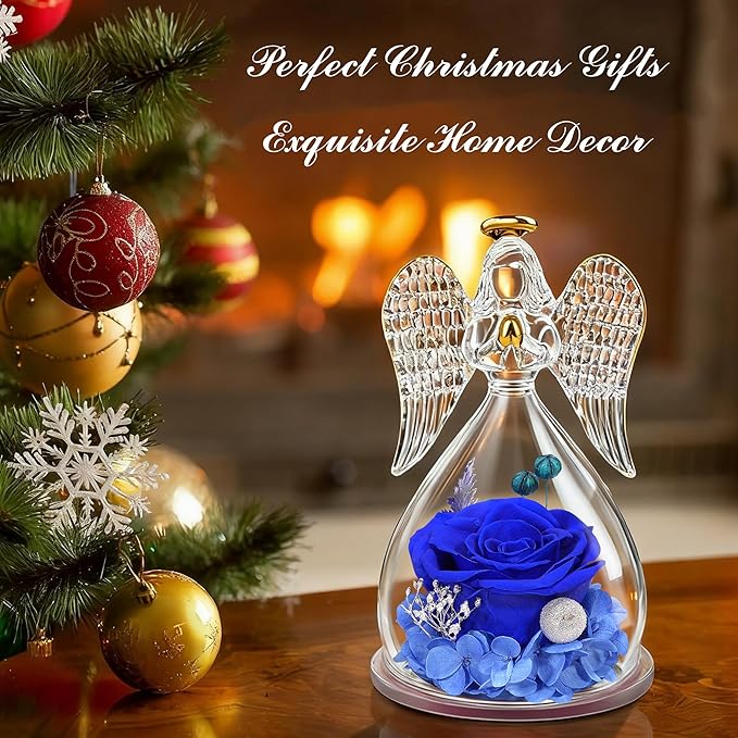 Sunia Preserved Flower Rose Gift for Women - Mother's Day Birthday Gifts for Mom Wife Grandma, Glass Angel Figurines Forever Real Roses Gifts for Her Valentine Day Thanksgiving