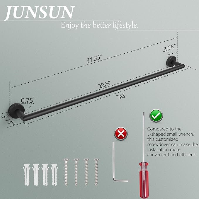 Bath Towel Bar 30 Inch Towel Rack for Bathroom Wall Mount Heavy Duty Bath Towel Holder Modern Towel Rod Black Towel Hanger Bathroom Accessories Towel Rail Stainless Steel Single Towel Bars Matte Black