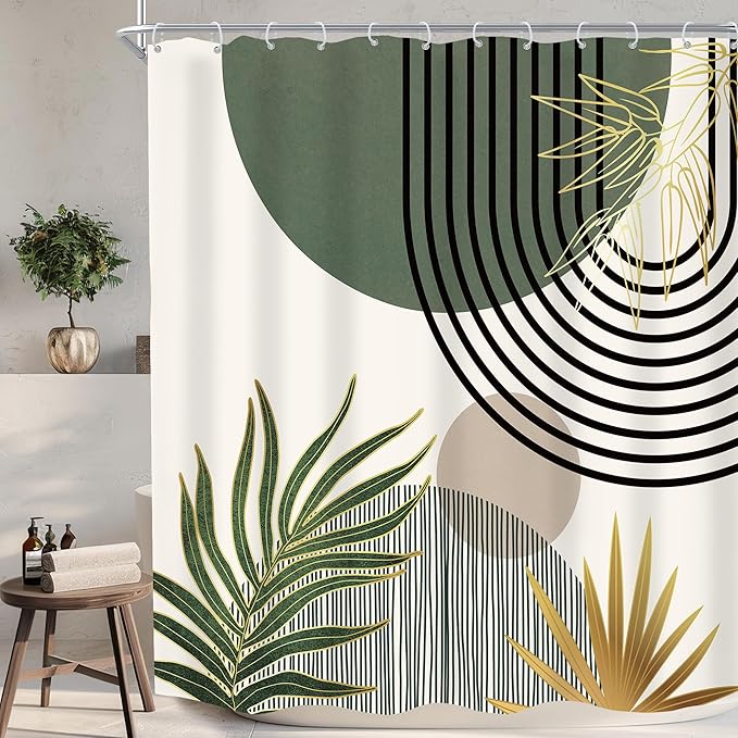 KOMLLEX Mid Century Dark Green Boho Shower Curtain 72Wx72L Inches Abstract Modern Shower Curtains for Bathroom Gold Plant Botanical Minimalist Arch Sun Fabric Liner Waterproof Polyester 12 Pack Hooks