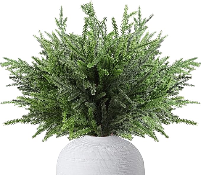 18″ Artificial Norfolk Pine Stems - 8 Pack Real Touch Christmas Decorations Indoor, Modern Tabletop Greenery for Vases, Festive Home Decor (Faux Pine, Xmas Plants Decor)