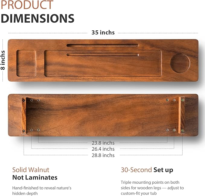 Solid Walnut Bathtub Tray Caddy - 35" Non-Slip Luxury Bath Board for Freestanding Tub - Premium Wood Bathtub Organizer with Wine Glass, Book & Phone Holder for Spa Relaxation, Gift Ideas