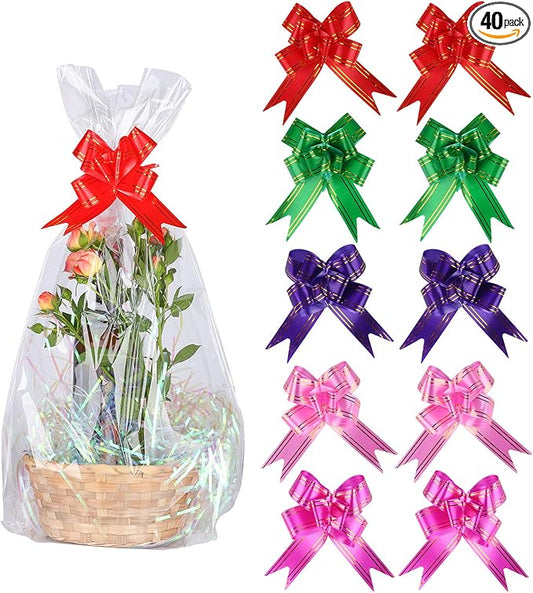 Kolewo4ever 40pcs Christmas Cellophane Bags Pull Bow Set 20pcs 16x24 Inches Cellophane Basket Bags Wine Bottles Cellophane Wrap with 20pcs Pull Bows