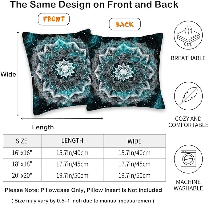 Mandala Throw Pillow Covers 18x18 Set of 2 | Geometric Flower Square Pillow Cases for Bed Room and Living Room Decor, Boho Floral Cushion Cases for Sofa and Chair