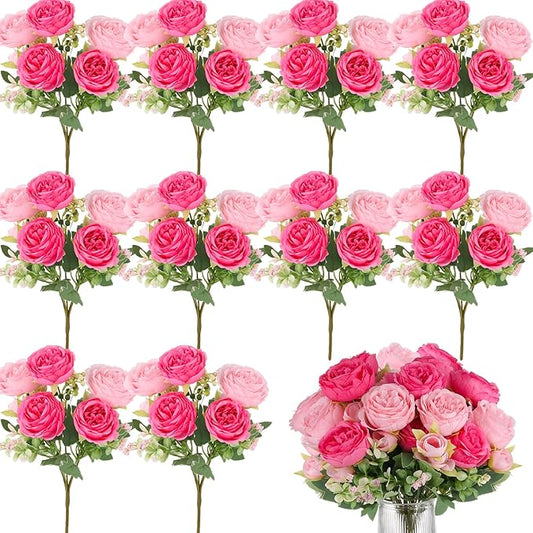 Olgaa 12 Bundles Peonies Artificial Flowers Artificial Peonies Silk Flowers Bulk Fake Peony Bouquet for Bridal Shower Decorations Wedding Table Centerpiece (Double Pink)