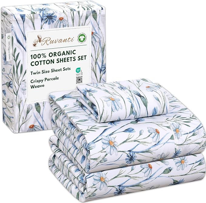 RUVANTI 100% Organic Cotton Sheets Twin Size, Percale Weave, GOTS Certified, 3-Piece Set, Deep Pocket 15", Crisp & Breathable, Soft Durable Bedding, Sábanas Algodón Orgánico – Daisy Bud