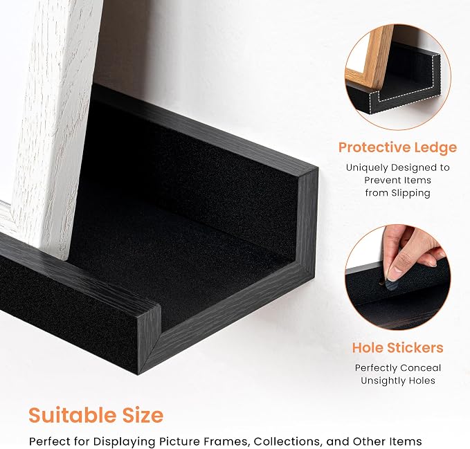 RICHFOCUS Picture Ledge Shelf, 72 inch Floating Shelves Set of 2, Wood Wall Shelves with Lip, Wall Decor Storage for Bedroom Living Room Bathroom Kitchen Nursery Photo Picture, Black