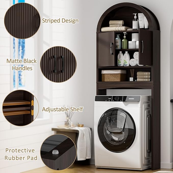 Spurgehom Over The Toilet Storage Cabinet, Bathroom Shelf Organizer Freestanding, Bathroom Arch Cabinet Over Toilet with Toilet Paper Holder and Anti-Tipping Device (Narrow Style-Coffee)