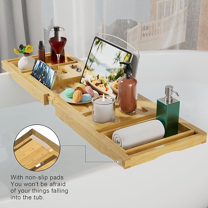 Bathtub Caddy Tray for Tub,Foldable Bath Table Trays,Bamboo Shelf with Book and Wine Glass Holder,Bathroom Accessories Suitable for Luxury Spa or Reading,Natural