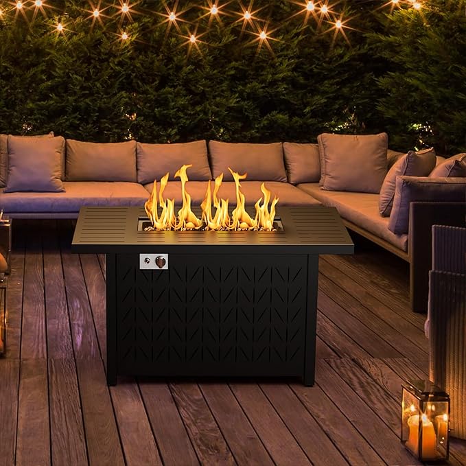 43" Rectangular Propane Fire Pit for Outside Patio 2 in 1, 50,000 BTU Fireplaces with Lid, Glass Rocks, Cover