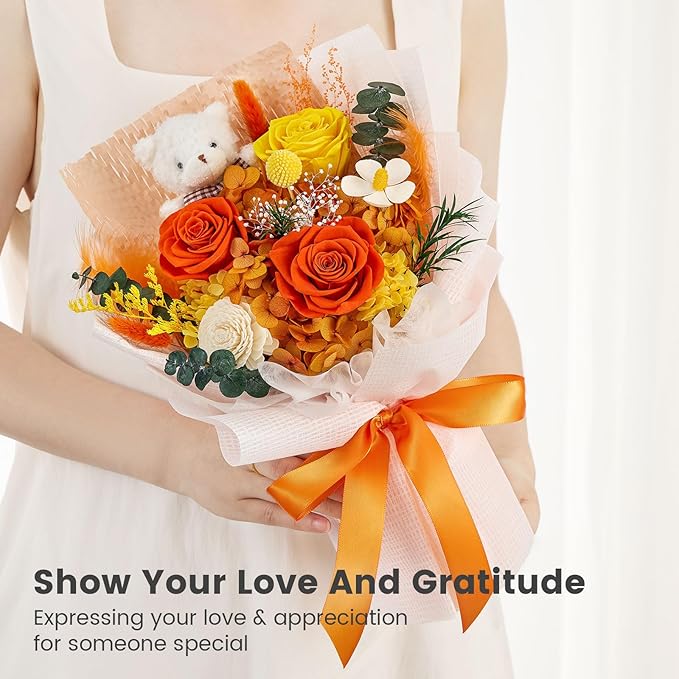 Polylove Forever Flower Bouquet Flowers for Delivery Prime Preserved Roses with Bear Gift Box for Wife Women Mother Day Anniversary Birthday (Orange)