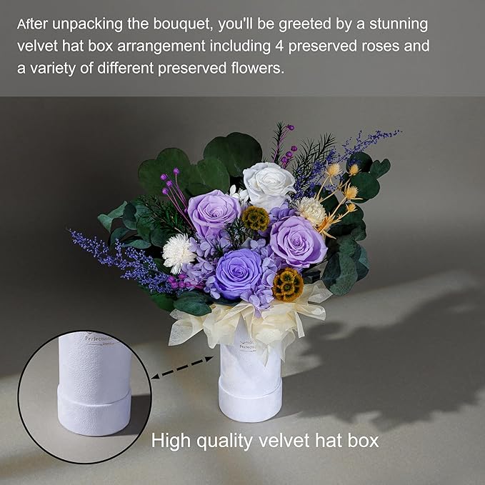 Perfectione Roses 4 Roses Mixed Bouquet for Mother's Day, Flowers for Delivery, Preserved Flowers Birthday Gift for Women Mom Wife Grandma Her, Light Purple