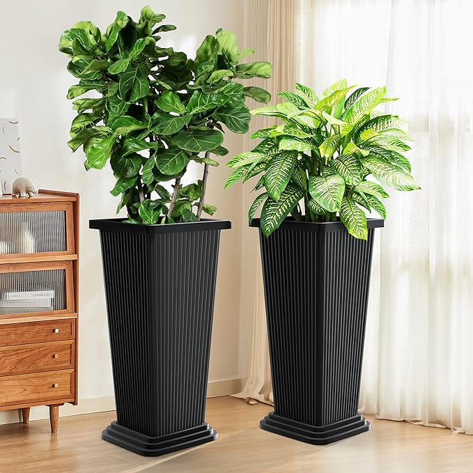 Set of 4 24" Tall Plastic Planters with Trays, Large Tapered Plant Pots for Indoor Outdoor Use, Modern Decorative Planters for Porch, Patio, Garden, and Backyard