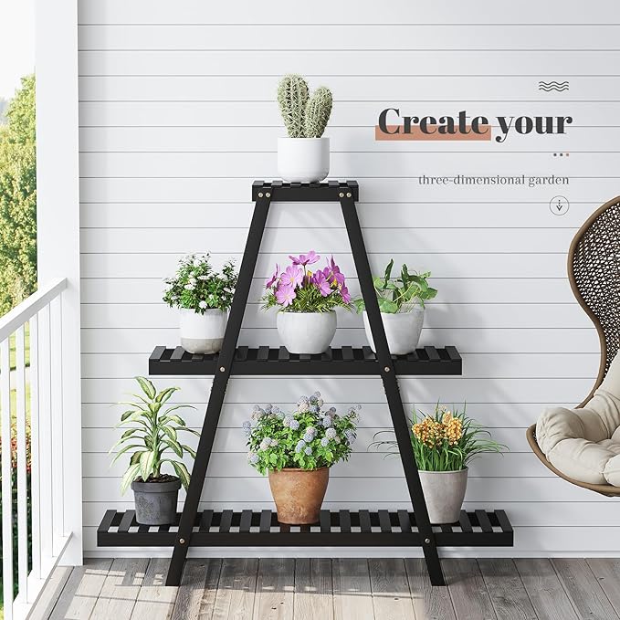 STDDRE Plant Stand For Indoor Outdoor Tiered Plant Shelf 3 Tier 8 Potted Bamboo Flower Holder Ladder Rack For Multiple Triangle Table Plant Pot Stand (Black)