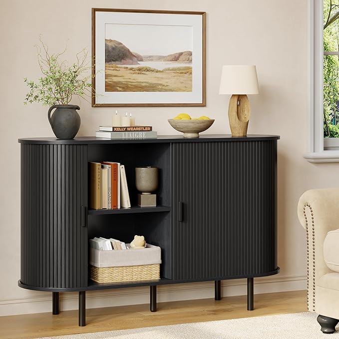 Buffet Sideboard Cabinet with Storage, 48" Fluted Cabinet with Sliding Door & Adjustable Shelf, Modern Accent Coffee Bar Console Table for Kitchen, Entryway, Black
