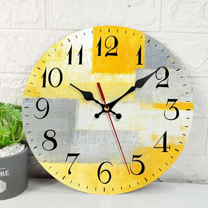 ArtSocket Wooden Wall Clock Silent Non-Ticking, Yellow Grey Abstract Painting Gray Contemporary Art Vintage Round Wall Clocks Decor for Home Kitchen Living Room Office, Battery Operated(12 Inch)