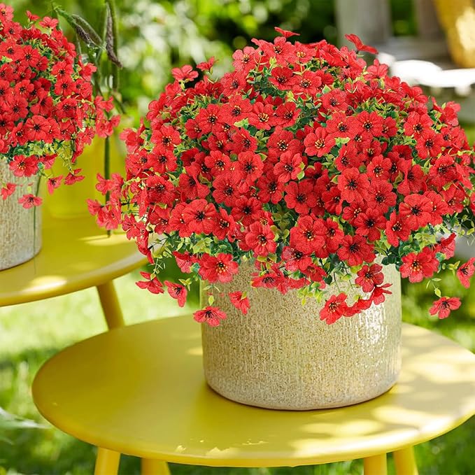 Artificial Flowers Outdoor Faux Plants UV Resistant Fake Patio Flowers Plastic Greenery Plnats Outside Bulk for Spring Garden Hanging Planter Home Vase Decor, 12 Bundles (Red)