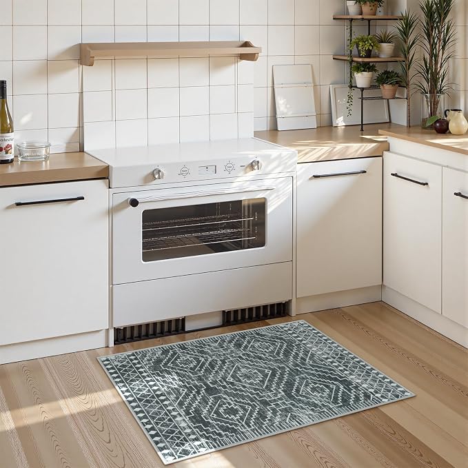 Wonnitar Moroccan Bathroom Rug,Washable 2x3 Small Bath Mat, Boho Tribal Soft Kitchen Sink Mat, Non-Slip Geometric Entry Way Rug, Low-Pile Indoor Carpet for Bedside Entrance Laundry (Dark Grey,2'x3')