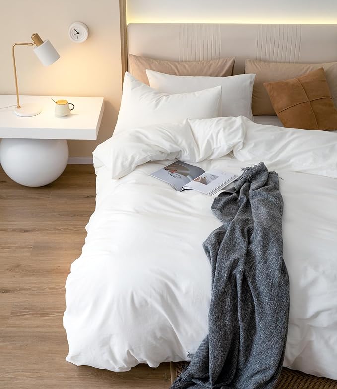 JIYUAN 100% Washed Cotton Duvet Cover Set 3 Pieces Oversized Queen, 1 Duvet Cover 98x98 Inches(Comforter Not Included) and 2 Pillowcases,Linen Feel Bedding Set Comfy and Breathable,Bright White