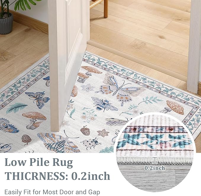 5x7 Washable Mushroom Floral Small Rug Non Slip Living Room Vintage Area Rug Low Pile Soft Bedroom Rugs Non Shedding Kitchen Rugs Boho Retro Indoor Carpet for Kids Nursery Room, Beige
