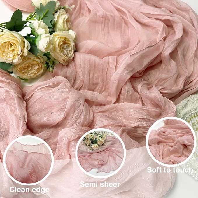 Booque Valley Dusty Pink Cheesecloth Table Runner 10ft Super Soft Boho Wrinkled Gauze Sheer Cloth for Baby Shower Baptism Birthday Party Wedding Centerpiece Table Decoration, 35x120 Inch