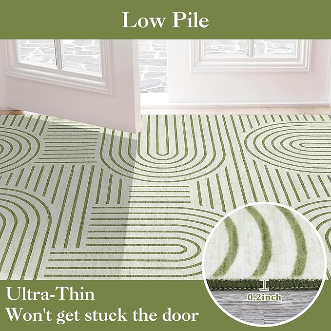 Washable 5x7 Abstract Line Area Rugs for Living Room Low Pile Modern Line Green Rug Soft Bedroom Small Rugs Non Shedding Contemporary Neutral Indoor Accent Carpet for Nursery Office, Green