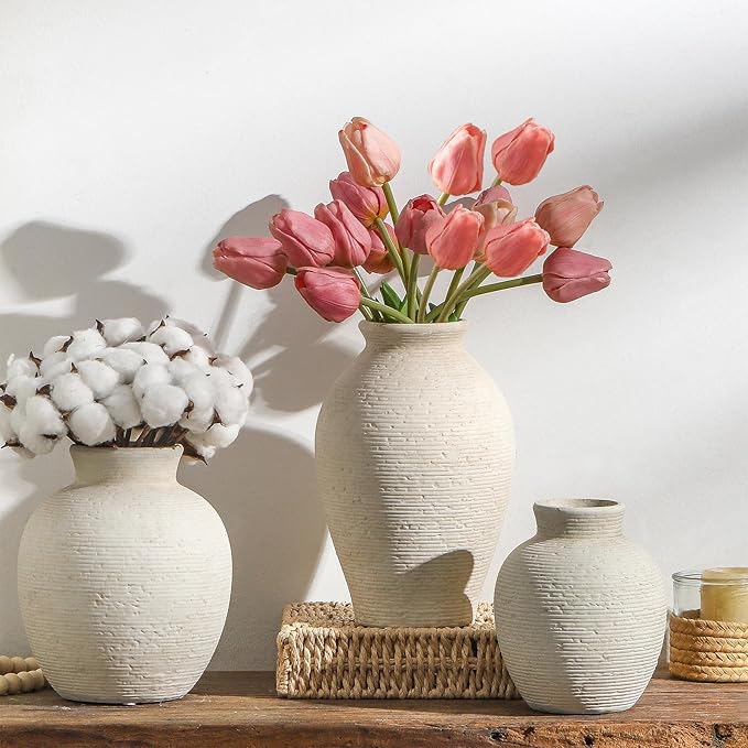 Vanselia Ceramic Flower Vase Home Decor - Farmhouse Table Vases Rustic Vintage Living Room Kitchen Bedroom Decorations for House Book Shelf Office Coffee Desk Dining Fireplace (7.4" Rustic)