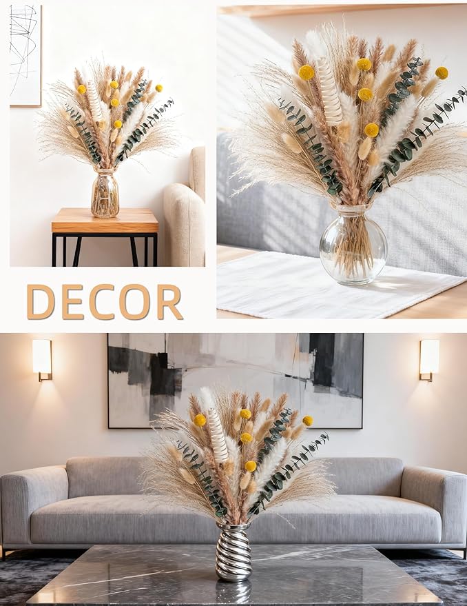 Pampas Grass Boho Decor Bouquet - Natural Dried Flowers Including Billy Balls,Eucalyptus,Bunny Tails Grass,Multi-Scene Decor for Home/Wedding/Living Room/Entryway | Versatile Ins-Style Home Ornament