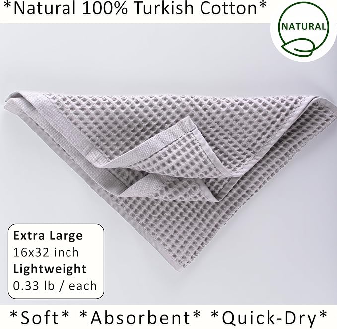 PÜSKÜL Natural 100% Turkish Cotton Waffle Kitchen Towels Set of 3 | Oeko-Tex, Premium Waffle Hand Towels for Bathroom | Soft Absorbent Quick-Dry Lint-Free Dish Towel Large 32x16 inch (3, Gray)