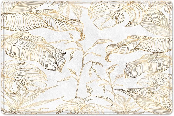 LB Gold Palm Leaf Bath Mat for Bathroom 24x16 inches- Abstract Banana Leaves White Luxury Aesthetic Modern Doormat- Memory Foam Non Slip Absorbent Rug for Living Room Floor Bedroom Door Front