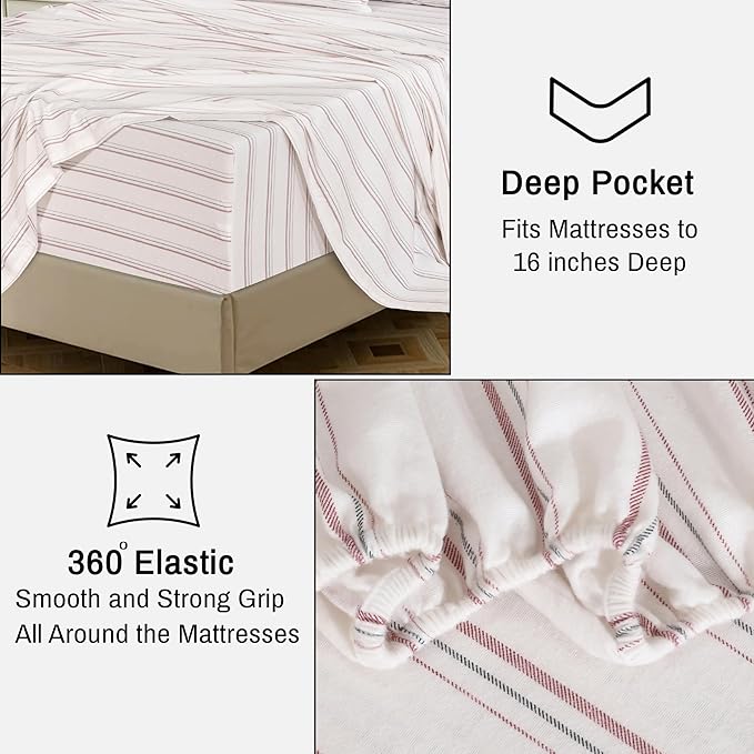 RUVANTI Flannel Sheets Queen Size - 100% Cotton Double Brushed Bed Sheets, Deep Pockets 16 Inches Queen Sheet Set, All Seasons Breathable & Extra Soft - Warm & Cozy, 4 Piece, Twill Stripe