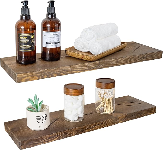 BGMG Floating Shelves 24 inch Long, Distressed Rustic Wooden Wall Shelves for Bathroom Living Room Bedroom Kitchen Farmhouse Set of 2-24x6.7x1.25 inch-Distressed Walnut