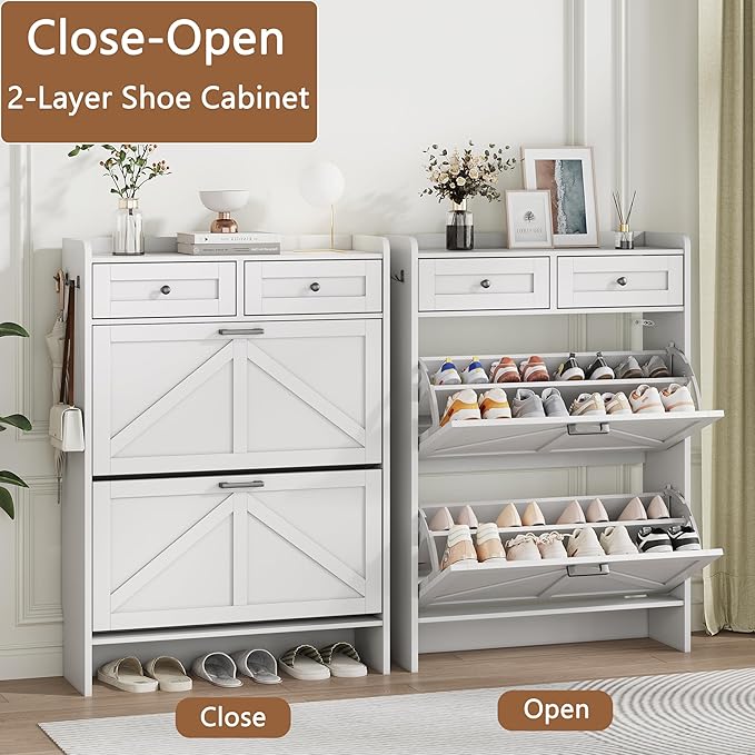 Shoe Cabinet with 2 Flip Drawers & 2 Top Drawers, 43" Tall Freestanding Narrow Wooden Shoe Storage Organizer for Entryway, Hidden Slim Shoe Rack for Front Door Entrance, Hallway, Living Room, White