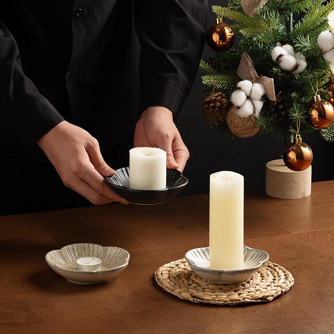Ceramic Pillar Candle Holder, Candle Tray for Incense, Palo Santo Holder, Tealight Candle Holder, Candle Stand for Home Decoration Display, Halloween Christmas Wedding Parties, 1 Pack (Black)