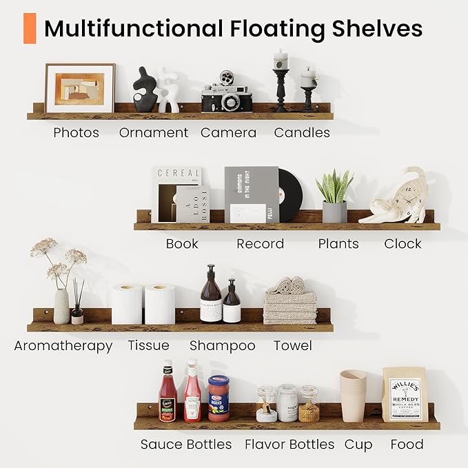 RICHFOCUS Picture Ledge Shelf, 40 inch Floating Shelves Set of 2, Wood Wall Shelves with Lip, Wall Decor Storage for Bedroom Living Room Bathroom Kitchen Nursery Photo Picture, Rustic Brown