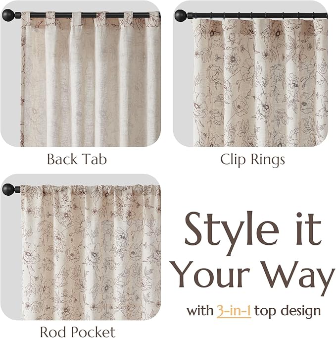 jinchan Floral Linen Curtains for Living Room 63 Inch Length Brown Flower Curtain Rod Pocket Back Tab Farmhouse Curtains with Printed Floral Bedroom Window Curtain Set, 2 Panels Brown