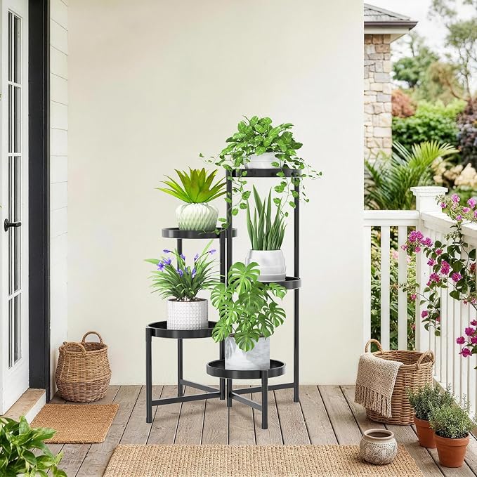 iDavosic.ly 5 Tier Large Plant Stand Indoor with 10 Inch Wide Tray, Tiered Corner Metal Outdoor Flower Display Holder Shelf, Folding Tall Rack for Patio Porch Living Room, Modern Black