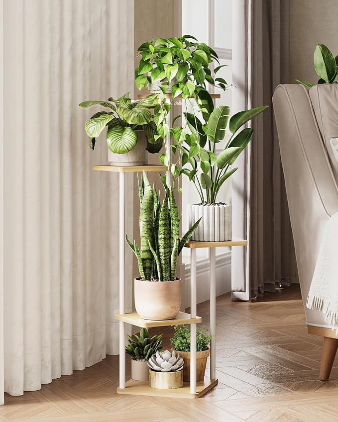 GENTINGBRO Tall Plant Stand Indoor 5 Tiered Plant Shelf for Multiple Plants Coner Shelf Stand Wood Plant Stand Metal Shelving for Living Room Bedroom Balcony Patio White