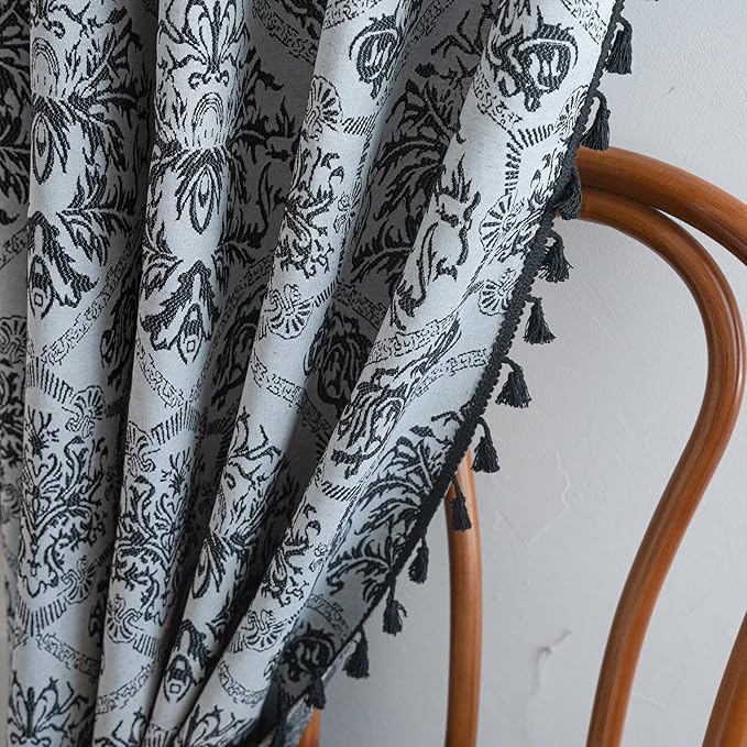 ENJOYBRIDAL Black Damask Curtains 63 Inch Long Semi Sheer Rod Pocket Drapes Bedroom Living Room 2 Panels Short Window Curtain Panels Boho Jacquard Medallion Pattern Light Filtering Window Treatments