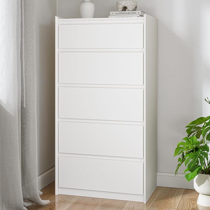 White Dresser for Bedroom, 46" Tall Chest of Drawers, Simply Modern 5 Drawer Storage Organizer for Closet, Hallway, or Small Apartment