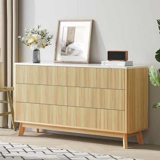 Fluted 6 Drawers Dresser for Bedroom,52" Wide Handleless Chest of Drawers with Faux Marble Top, Wooden Dresser TV Stand, Wood Drawer Organizer for Living Room, Hallway, Natural Oak