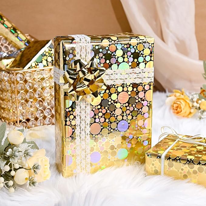 Yarcony Holographic Wrapping Paper Roll, 46.8 sq ft Metallic Gold Dot Wrapping Paper for Girl Presents, Valentine's Day,Christmas,Birthday,Baby Shower, Holiday,Wedding,Engagement (17 Inch X 33 Feet)