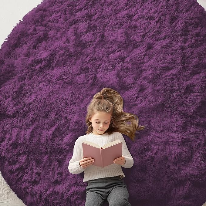 OLANLY Dark Purple Round Rugs for Bedroom - Machine Washable, 8 ft Circle Area Rugs for Living Room, Soft and Fluffy Shaggy Carpet for Teen Girl and Boys, Nursery Rooms, Dorms, Home Decor Aesthetic