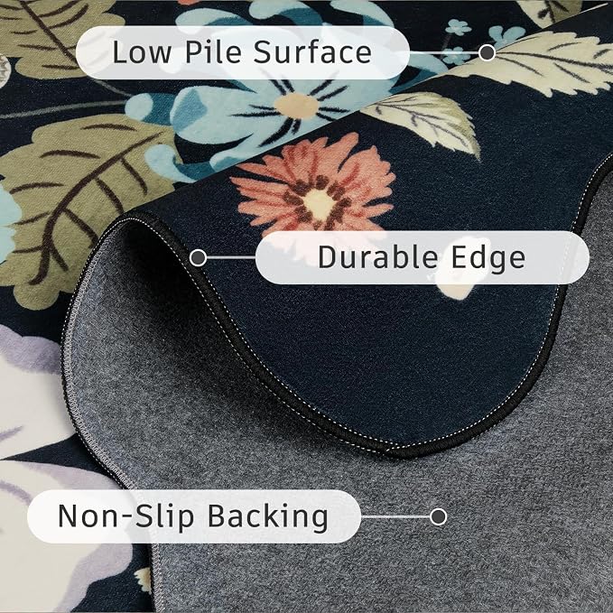 DCX Black Floral Rug 9x12, Washable Black Rug for Living Room, Kid & Pet Friendly with Rubber Back Non Slip, Soft Low Pile Carpet, Stain Resistant Rug for Bedroom, Nursery, Dining Room