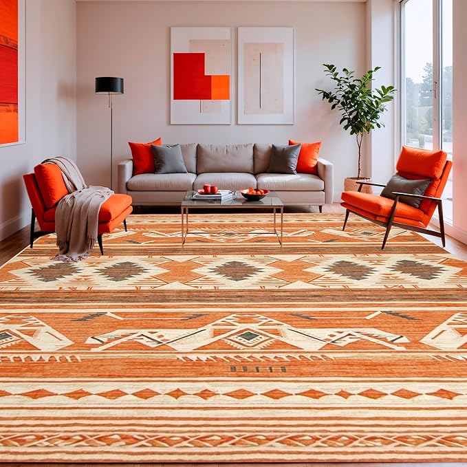 Flatwoven High Traffic Area Rug 4x6, Southwestern Inspired Rug Featuring Bold Aztec Diamond, Non Slip, Stain Resistant, Washable Area Rugs for Living Room, Bedroom (Orange, 4x6)