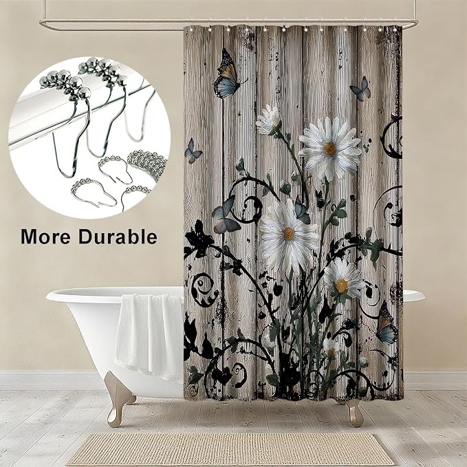 Rustic Grey Floral Shower Curtain Butterfly Flowers Shower Curtains for Bathroom Waterproof Fabric Bath Curtain Decor with Hooks