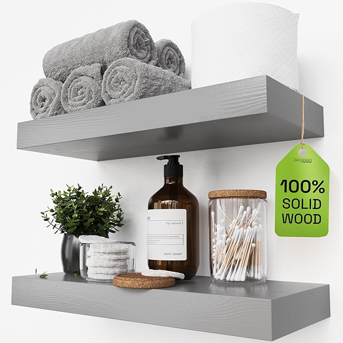 BAOBAB WORKSHOP Solid Wood Floating Shelves for Wall 16 Inch Grey, Wooden Bathroom Shelf